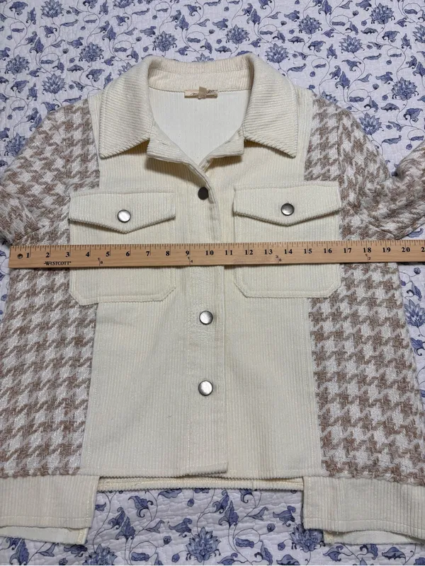 Mystree Corduroy Jacket S Cream Herringbone Mixed Media Utility Shacket fall - Image 11