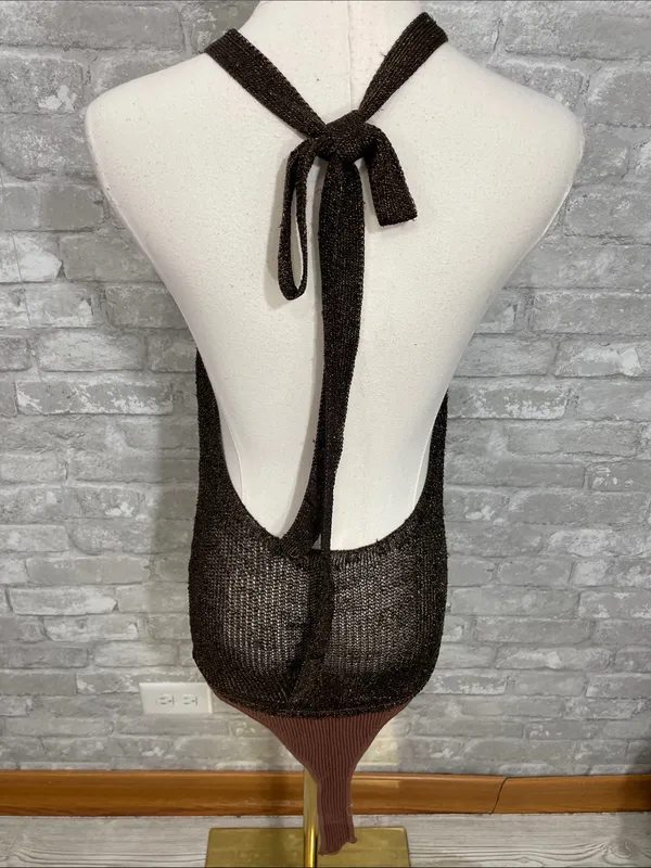 Free People Intimately Sheer Metallic Knit Halter Bodysuit in Brown - Image 3