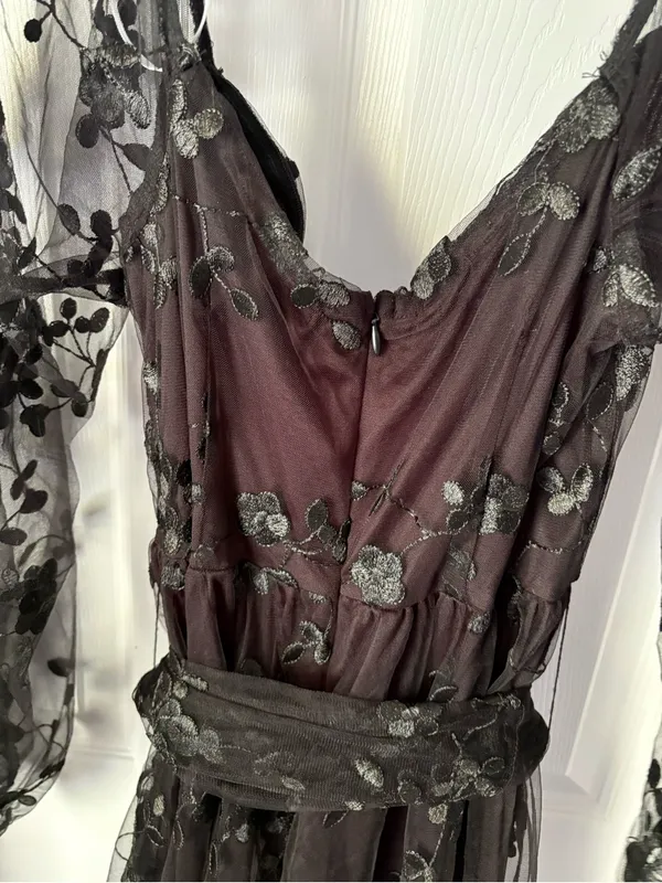 New Lulus Darling Charisma Black Mesh sheer Embroidered Midi Dress sz M w belt - Image 6