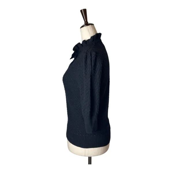 Ganni Sweater Women Small Black Linen Cotton Blend Textured Knit Ruffle Collar‎ - Image 6