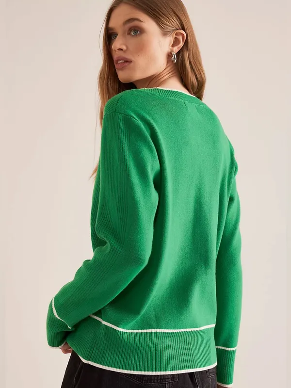 Maeve Anthropologie Green Ribbed V-Neck Cardigan NWT Medium Preppy Contrast Trim - Image 2
