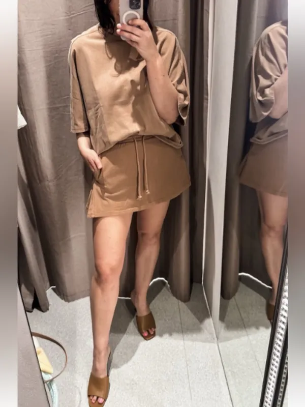 Zara NWT tan camel beige Casual Drawstring Mini Skirt - Image 3