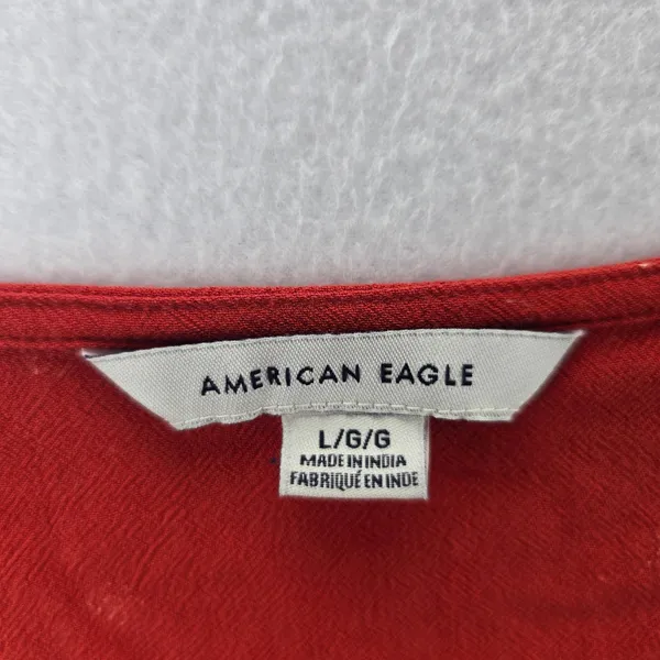 American Eagle -590 Red‎ Floral Print Long Sleeve V-Neck Ruched Blouse - Large - Image 3