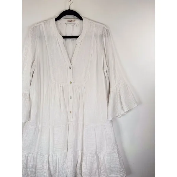 Faherty Dress White Mini Gauze Kasey V Neck Tiered Flared Coastal Cowgirl Medium - Image 8