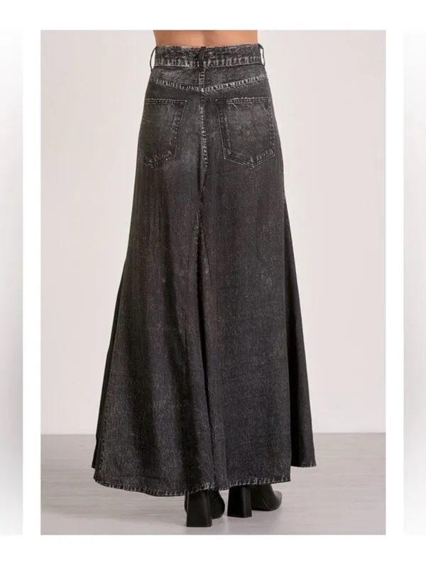 Elan Jessa Black Faux Denim Acid Wash Look Tencel Maxi Skirt Medium Gray Boho - Image 3