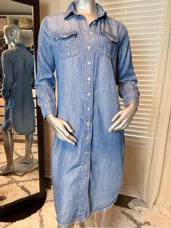 Reba 100% Tencel Chambray Denim Blue Shirt Dress Small Western Pockets Casual - Image 2