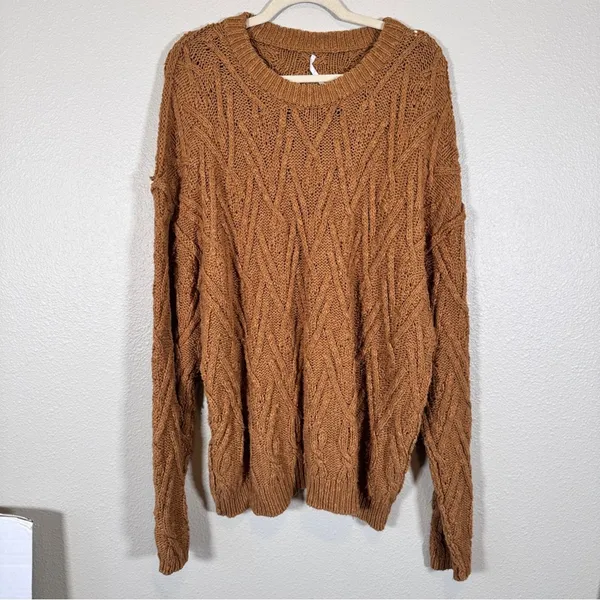 Free People Brown Cable Knit Chunky Oversized Sweater Womens L Fall Cozy Classic - Image 10