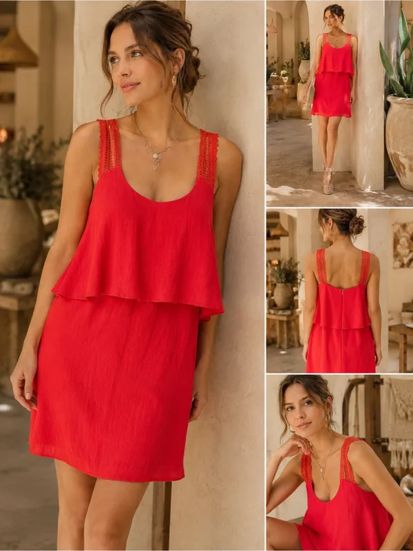 Maeve Anthropologie Tisana Crochet Strap Ruffle Mini Dress Red Size 12 - Image 2