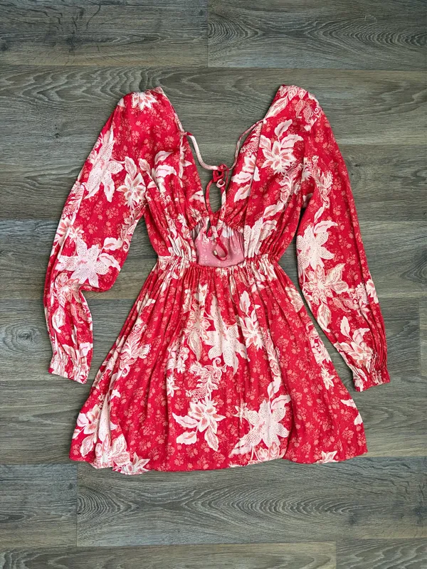 Free People Red Pink Floral Open Back Mini Dress Romantic Fairy Boho S - Image 3