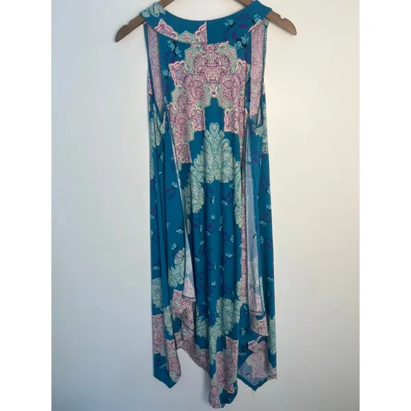 One World Wm LG Teal Paisley Sharkbite Hem Sleeveless V-Neck Midi Dress Boho - Image 4