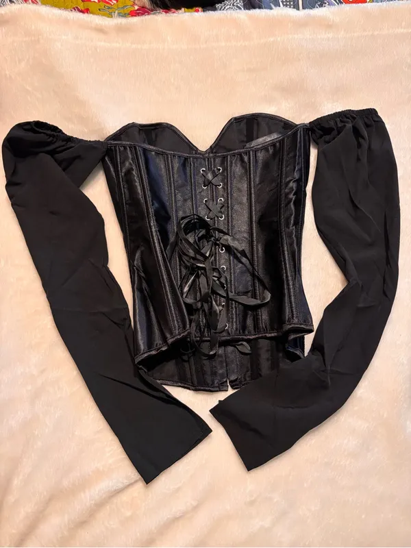 Womens hook and eye overbust corset top poet sleeves black S - Image 5