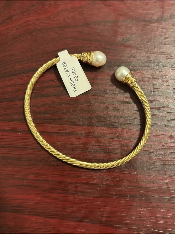 18k Gold Plated Tested Sterling Silver Open Cuff Pearl Bracelet - Image 4