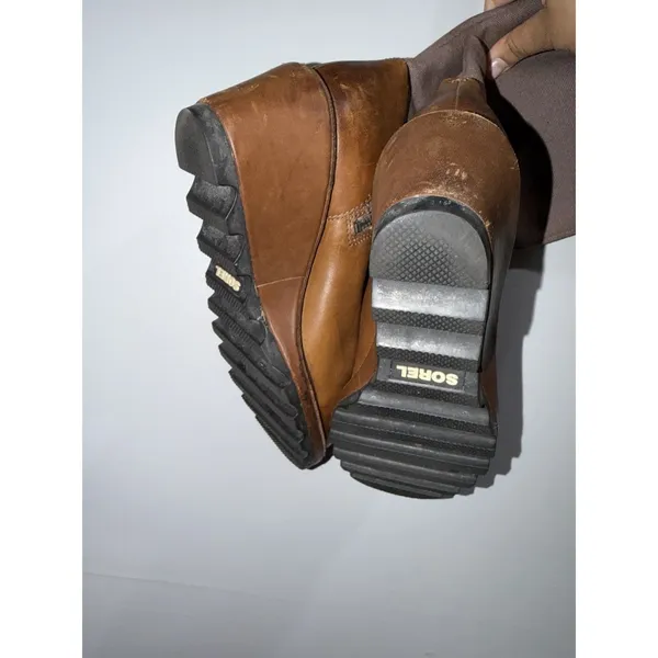 Women's 9.5 Sorel Cool Canvas Boots Brown Leather Knee High Wedge Side Zip Tall‎ - Image 5