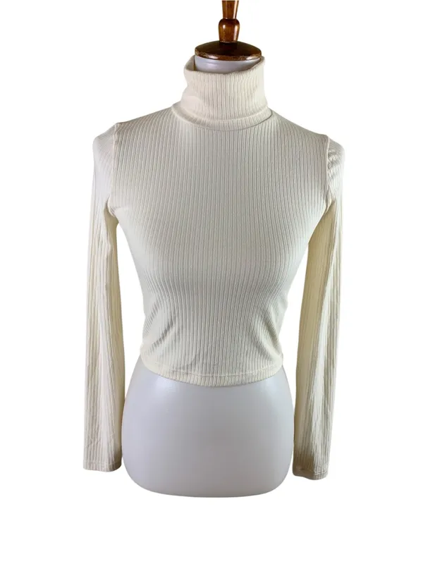 Madewell S Ivory Ribbed Turtleneck Crop Top Long Sleeve Fitted Stretch - Image 2
