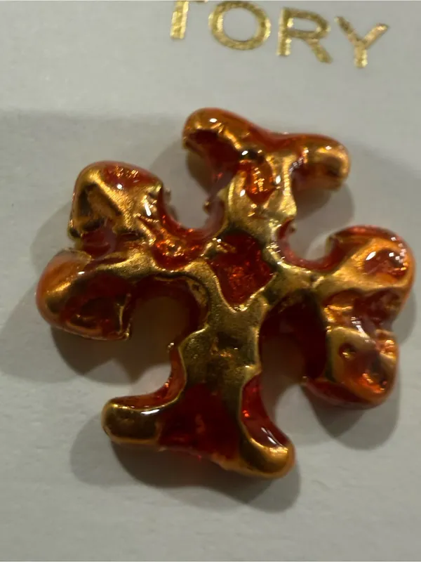 Tory Burch | Orange & Gold Logo Stud Earrings | Small - Image 2