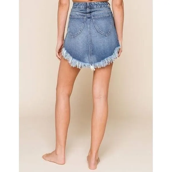Free People We The Free Bailey Denim Mini Skirt Blue Fray Asymmetric Hem 25 NWT - Image 2
