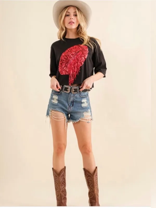 $60 NWOT Blue B. Black & Red Sequin Fringe Football Cropped T-Shirt L - Image 6