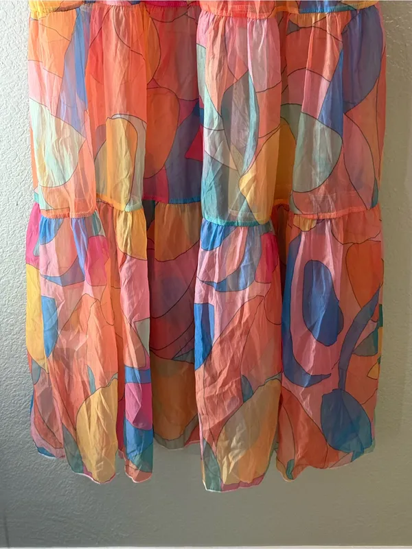 Sheer Multicolor Abstract Print Tiered Maxi Dress Short Sleeve Rainbow Medium - Image 10
