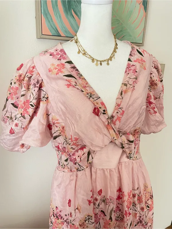 Taylor Puff Sleeve Floral Maxi Dress with Twist Detail in Candy Floss Pink US 10 - Image 3