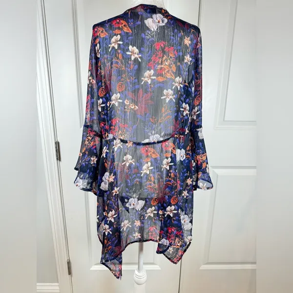 Coachella Festival Sheer Floral Kimono Boho Bell Sleeve Navy M Tassel Resort - Image 5