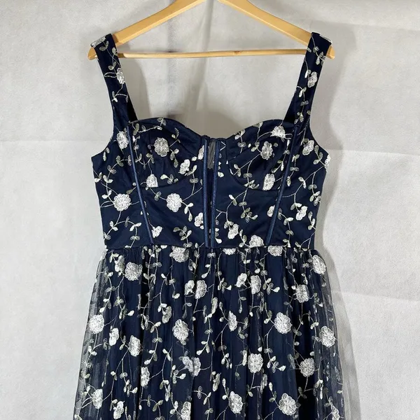 Lulus Gala Invite Navy Blue Embroidered Tulle Bustier Maxi Dress Large - Image 4