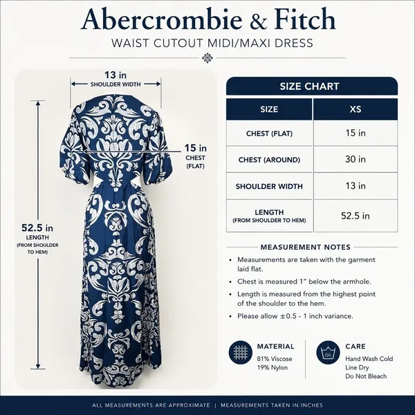 Abercrombie & Fitch Dress XS Blue Waist Cutout Damask Puff Sleeve Maxi Midi Boho - Image 16