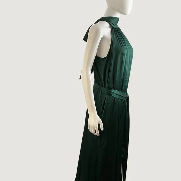 Belle Badgley Mischka Emerald Green Halter Maxi Dress Tie Waist Size 2 Gown‎ - Image 3