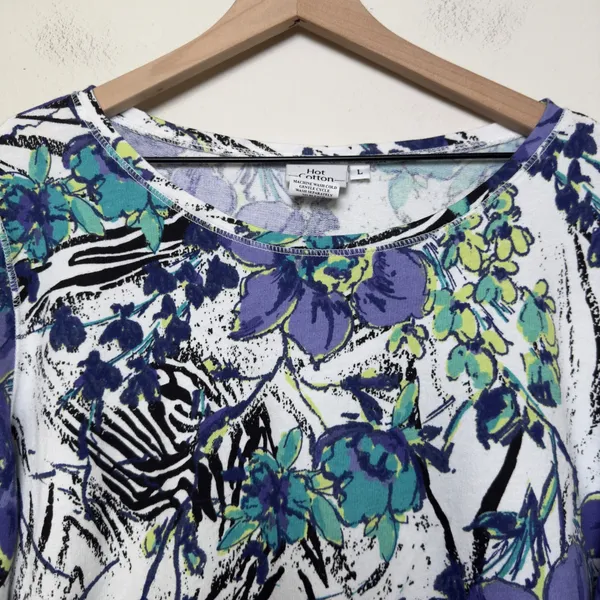 Hot Cotton Women Floral Zebra Print 3/4 Sleeve‎ Top White Purple Large Artsy - Image 5