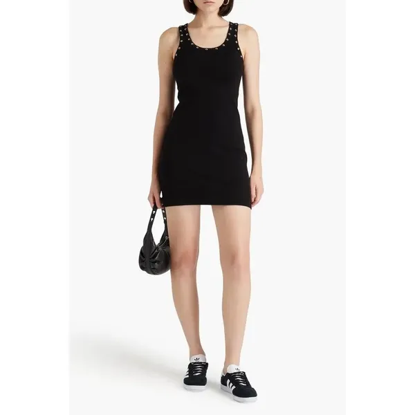 Re/Done Eyelet-Embellished Mini Dress Size Large Black Ribbed Grommet Grunge - Image 3