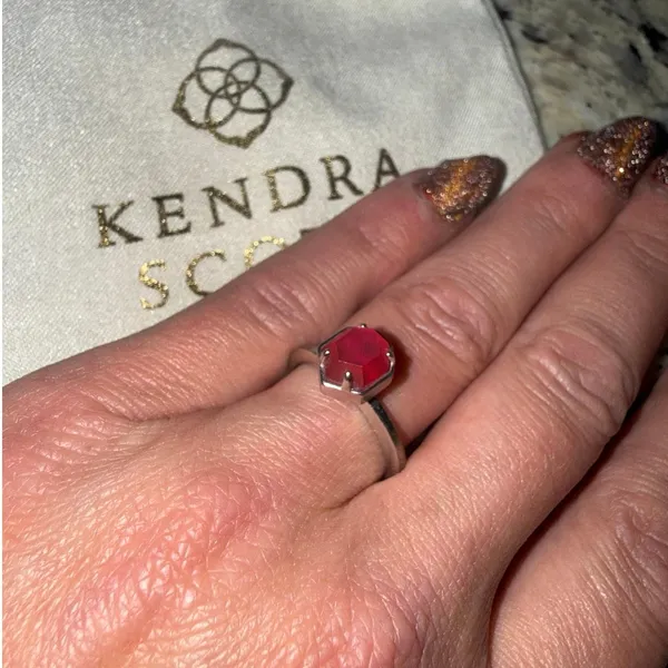Kendra Scott Calvin Stacking Ring Sz 6.25 Rhodium Silver Red Magnesite Gemstone - Image 7