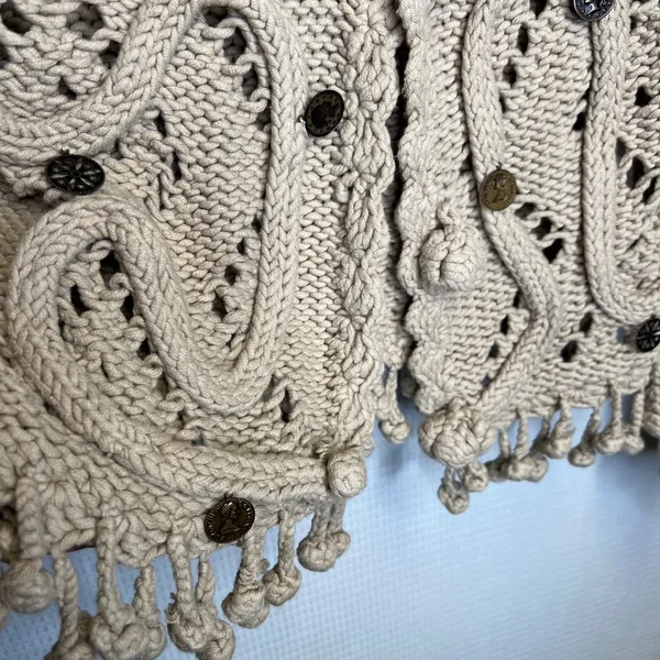 Unique Beige Knit Cardigan Sweater Buttons Fringe Tassel Boho‎ - Image 4