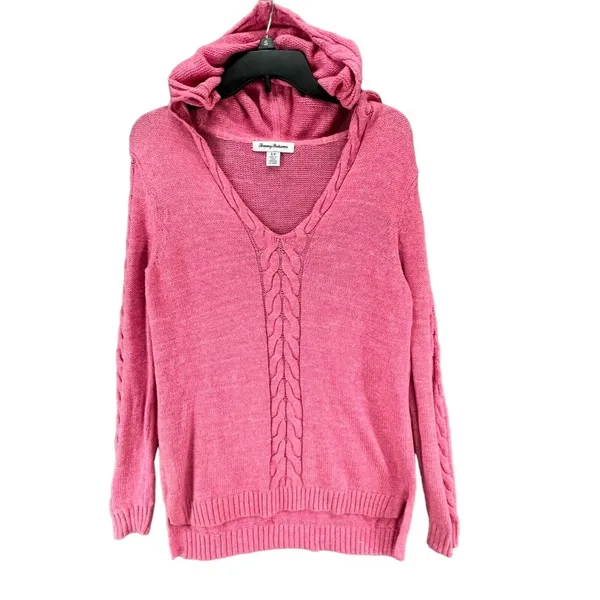 Tommy‎ Bahama Cable Knit Sweater Womens Small Pink Hooded Pullover Linen Cotton - Image 2