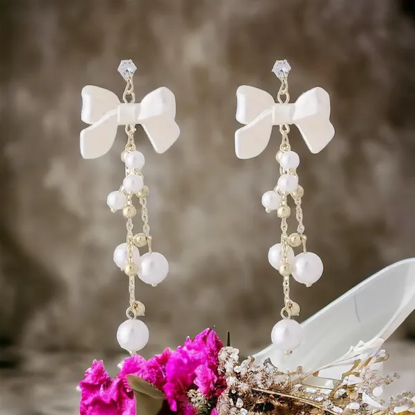 Retro Style Bow Decor‎ Faux Pearl Tassel Earrings *Fashion Earrings - Image 4