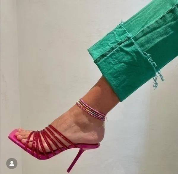 ZARA Hot Pink Rhinestone Embellished Vinyl Sequin Strappy Open Square Toe High Heels Sandals Mules - Image 6