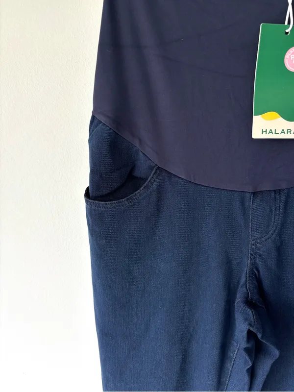 Halara Maternity Blue Stretchy Jean Jeggings Over Belly Panel - Image 4