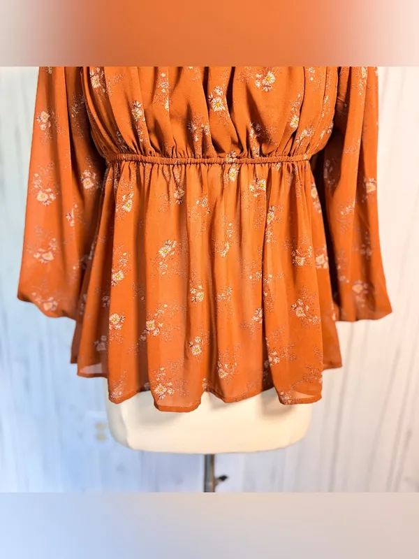 EASEL 3/4-Balloon Sleeve Floral Babydoll Style Blouse, Medium, Amber Cottagecore - Image 3