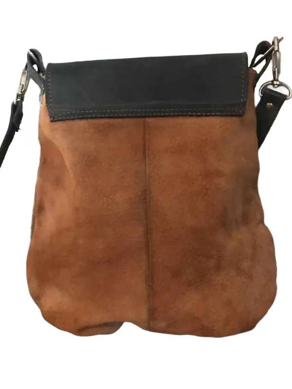 El Ceibo Handcrafted Tan Suede And Black Leather Crossbody Messenger Bag - Image 4