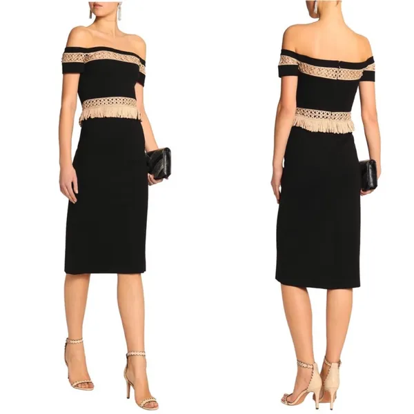 Alexis Bailey black off shoulder midi dress with cream fringe, small - Image 2