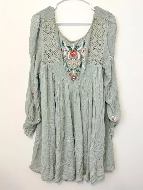 Free People Mohave Floral Embroidered Long-Sleeve Dress Size Large Sage Green - Image 2