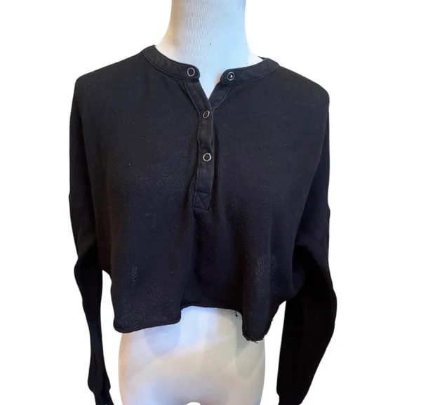 Urban Outfitters Black Crop Top Henley Lightweight Airy Relaxed Fit S - Image 2