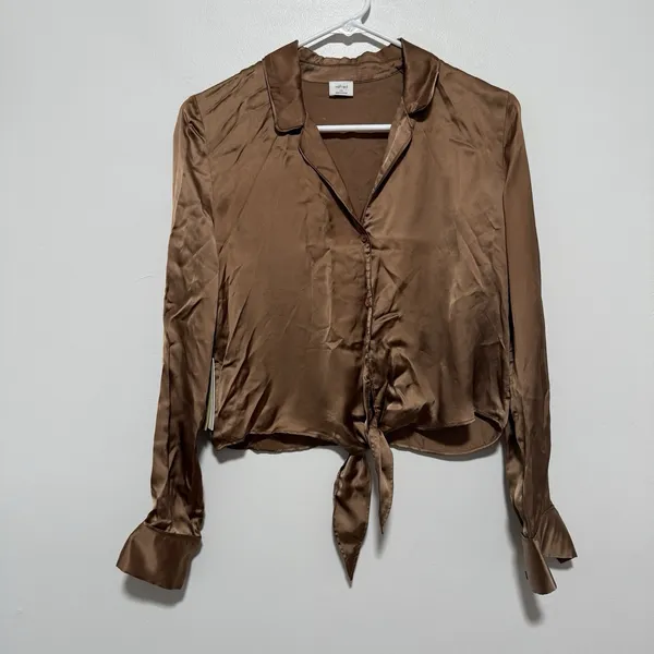 Wilfred Aritzia NWT Tie Front Saville Brown Button Front Blouse Top Size XS - Image 2