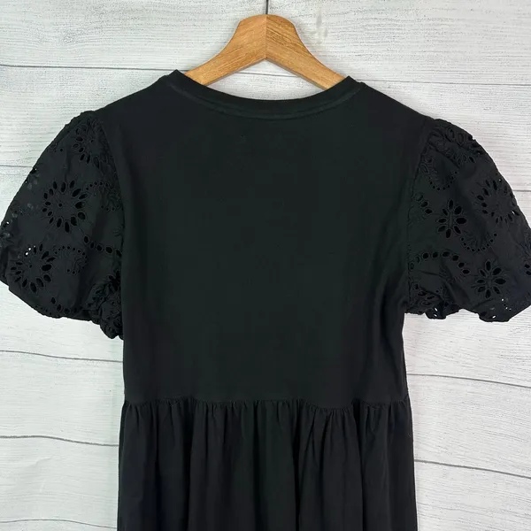 Avec Les Filles Black Eyelet Puff Sleeve Babydoll Peplum Mini Dress Size Small - Image 5