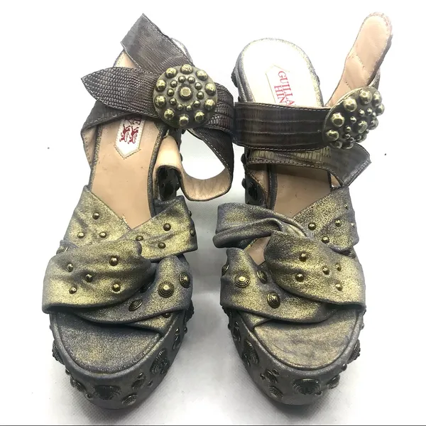 Guillaume Hinfray Gold An Blue Leather Studded Distressed Wedge Heels (36) - Image 12