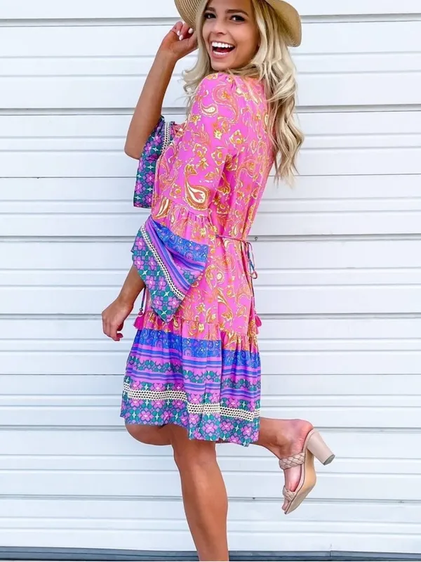 Coco + Carmen Boho Paisley Tunic Dress Pink Blue Tassel Tie Size L/XL Hippie - Image 2
