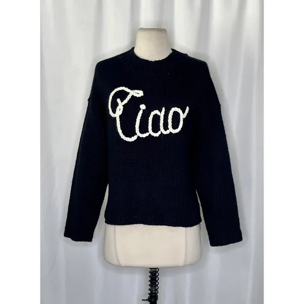 WILDFOX Couture Dinner Party‎ Ciao Bella Black White Embroidered Sweater Small - Image 2