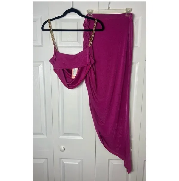 Boohoo Pink Textured Slinky Chain Strap Crop Top & Ruched Skirt Set Size 12 L - Image 6