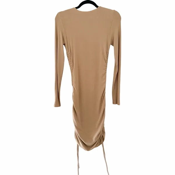 HELLO MOLLY Ribbed Knit Bodycon Ruched Tan Brown Midi Dress Sz M - Image 4