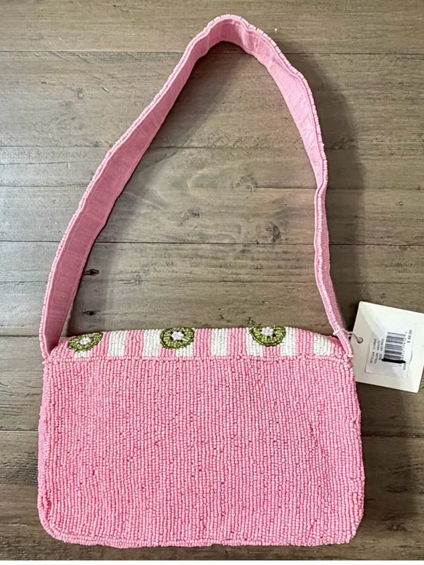 NWT Sol & Mer Collection XIIX Beaded Kiwi Pink Stripe Baguette Shoulder Bag - Image 9
