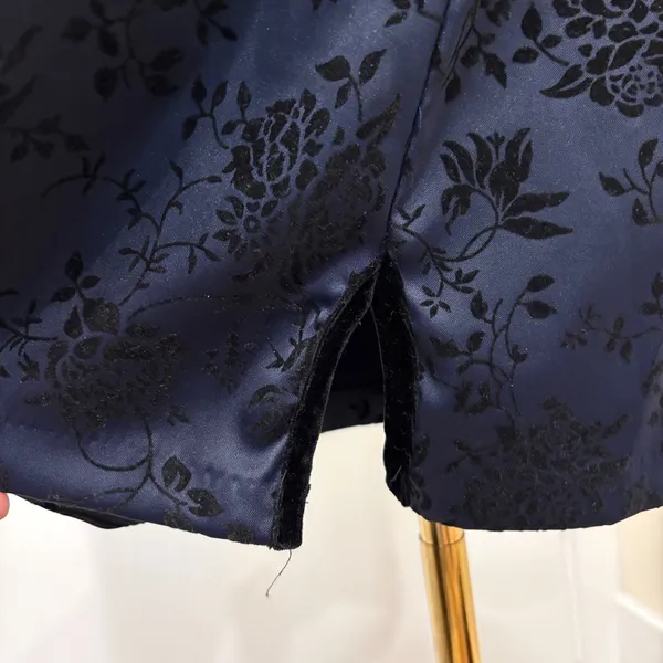 VTG 90s CDC Navy Blue Black Flocked‎ Velvet Floral Mandarin Collar Midi Dress 10 - Image 6