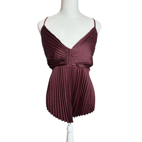 Banana Republic Burgundy Satin Pleated Cami Top XL Crossback NWT - Image 3